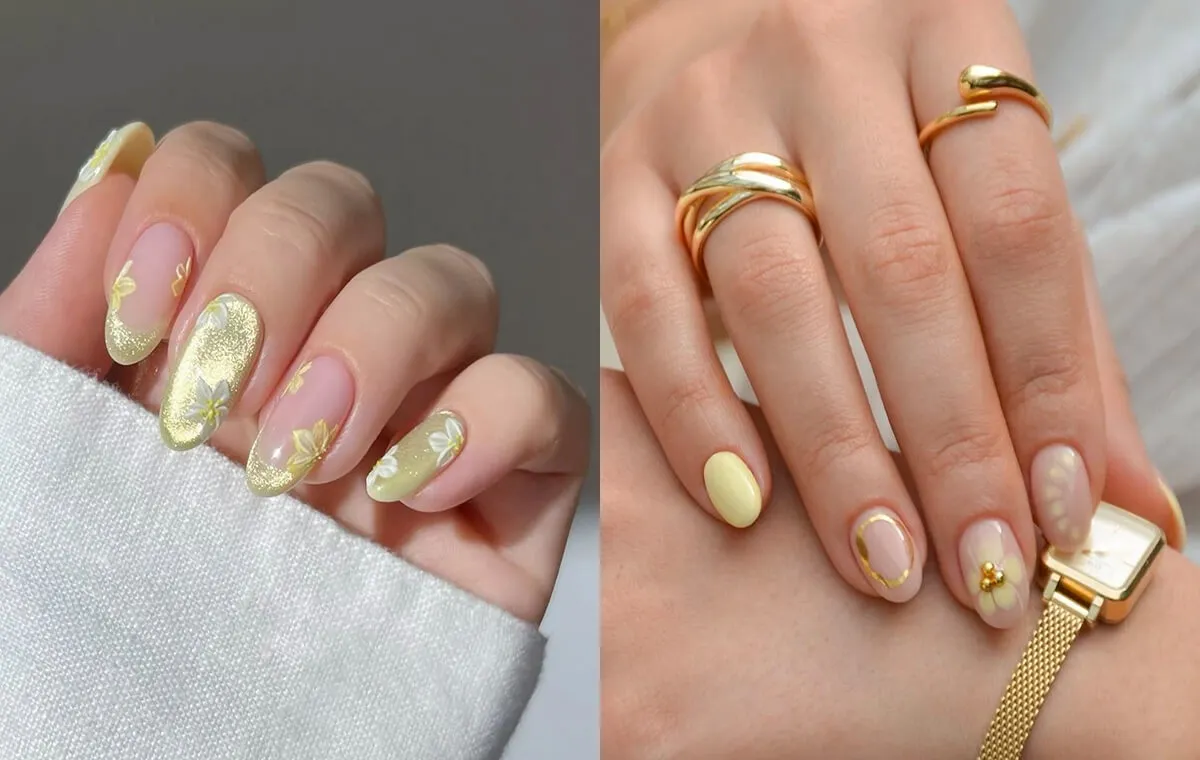 مدل ناخن زرد کرهای با طرح گل