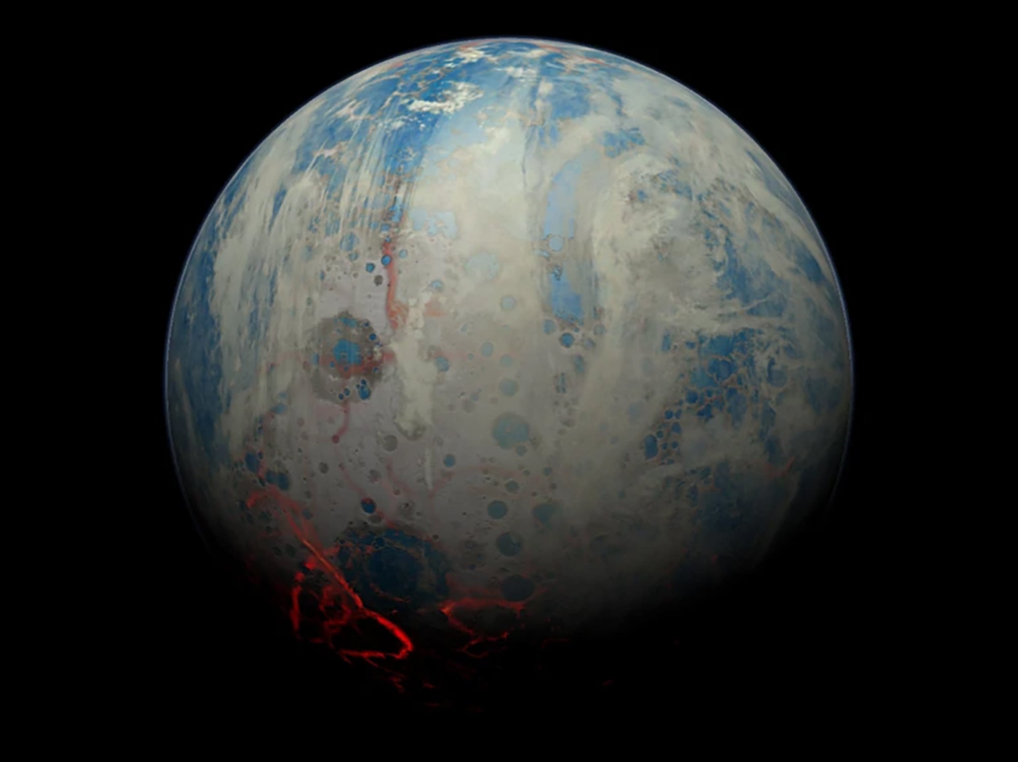 An artist rendering of early Earth with beige, blue and glowing red on a black background