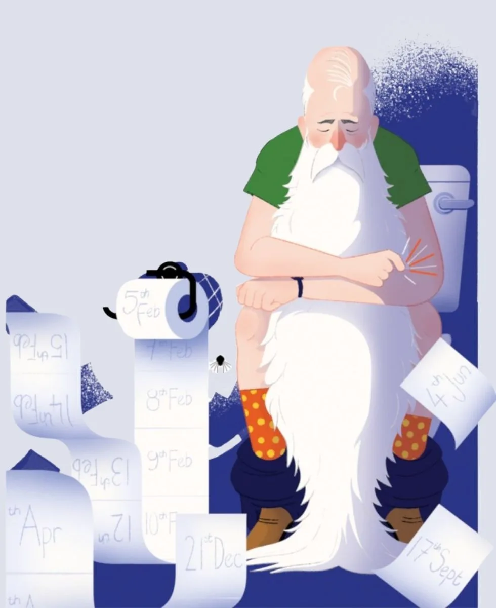 تصویری از یک پیرمرد با ریش سفید بلند که روی توالت نشسته است. تاریخ هایی که روی دستمال توالت نوشته شده اند دور او می چرخند